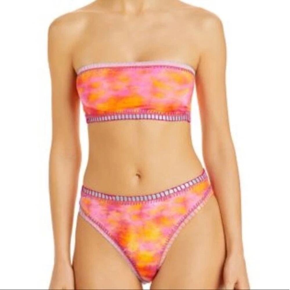 Platinum Swimwear Tie Dye Bandeau Bikini Top & High Waist Bikini Bottoms Pink M